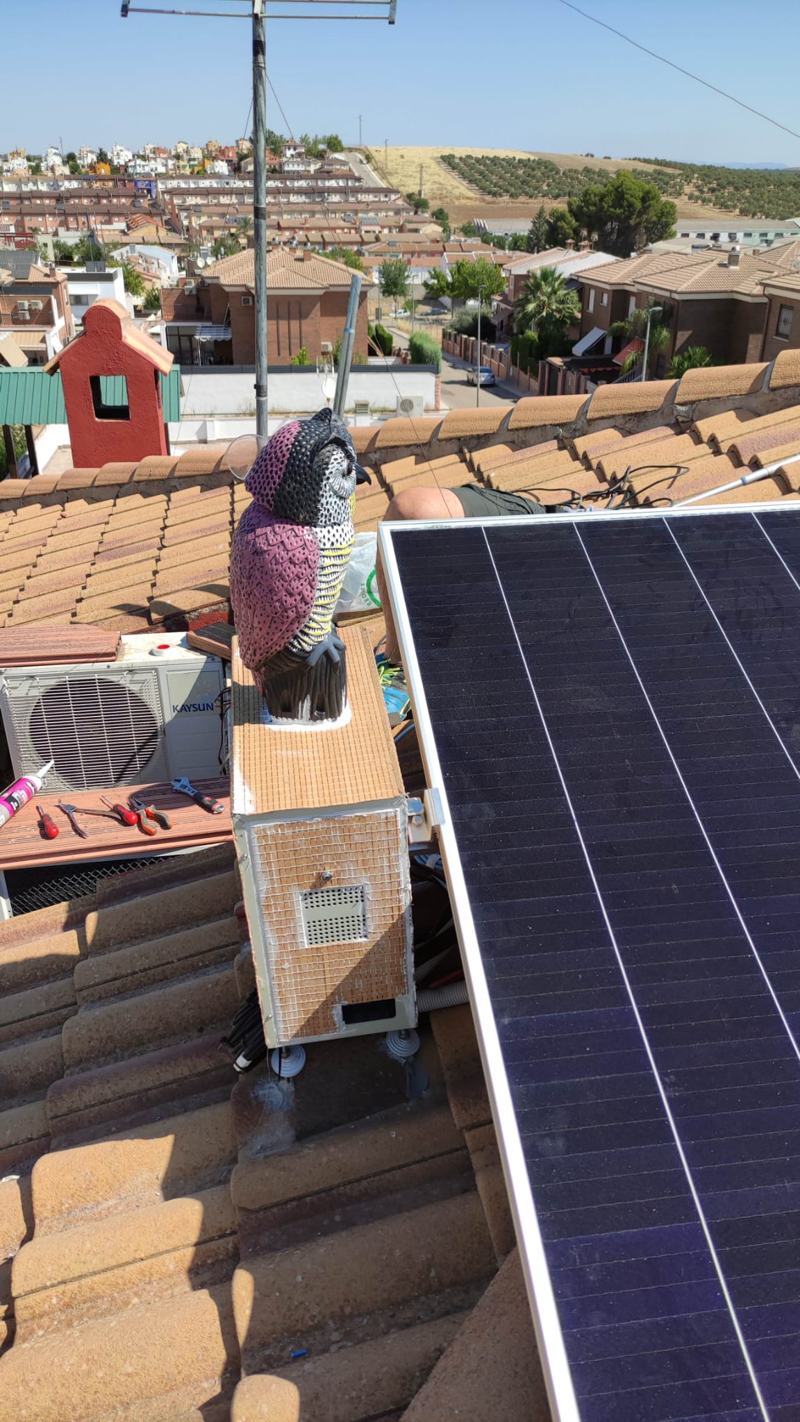 Instalación de Placas solares - Decoración de Búho sobre cuadro de conexión.